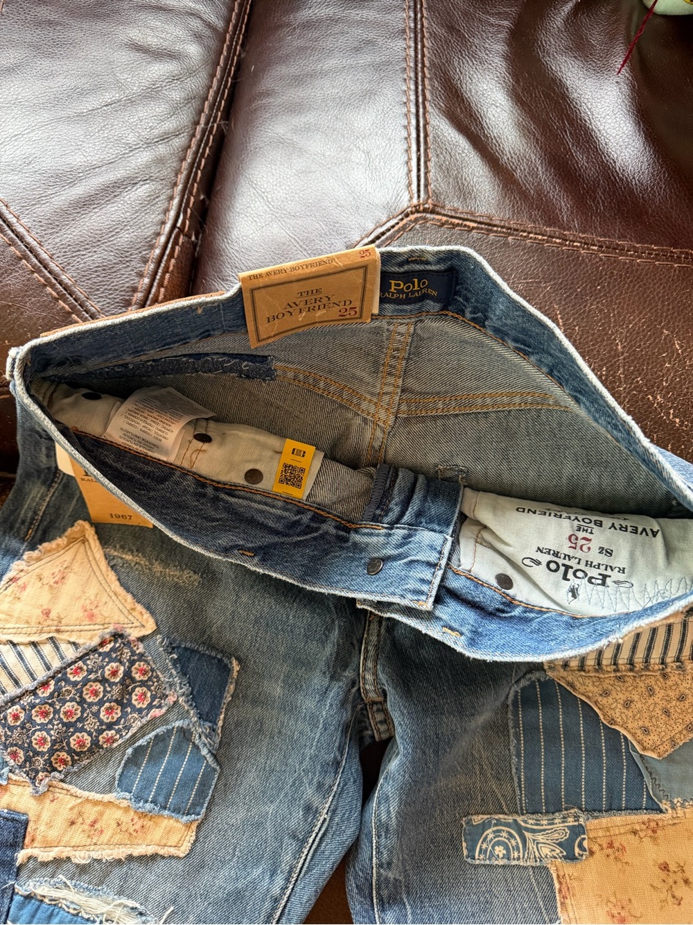 Ralph Lauren Patchwork Boyfriend Jeans in Blue and Cream - Picture 4 of 7